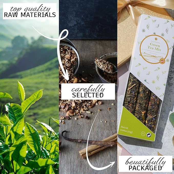 Gourmanity Japanese Loose Tea Sampler, 3 Flavors of Green Herbal Tea Mix with Floral & Fruity Notes, Great Gift for any Tea Enthusiast, Product of Austria, 0.88oz