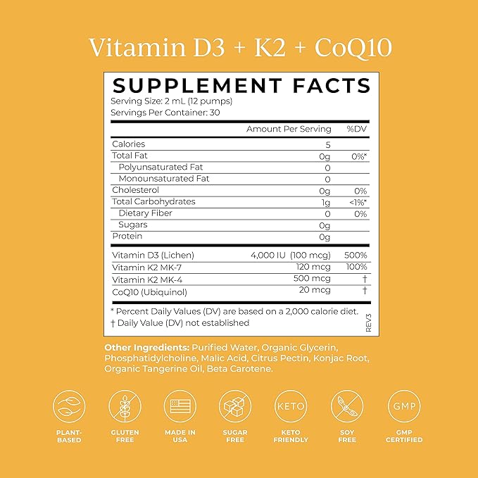 CYMBIOTIKA Vitamin D3 + K2 + CoQ10 Liquid, Vitamin D Supplement for Immune Support, Heart Health & Bone Health, Energy Booster, Liposomal Delivery, Vegan, Keto Ingredients, Tangerine Flavor