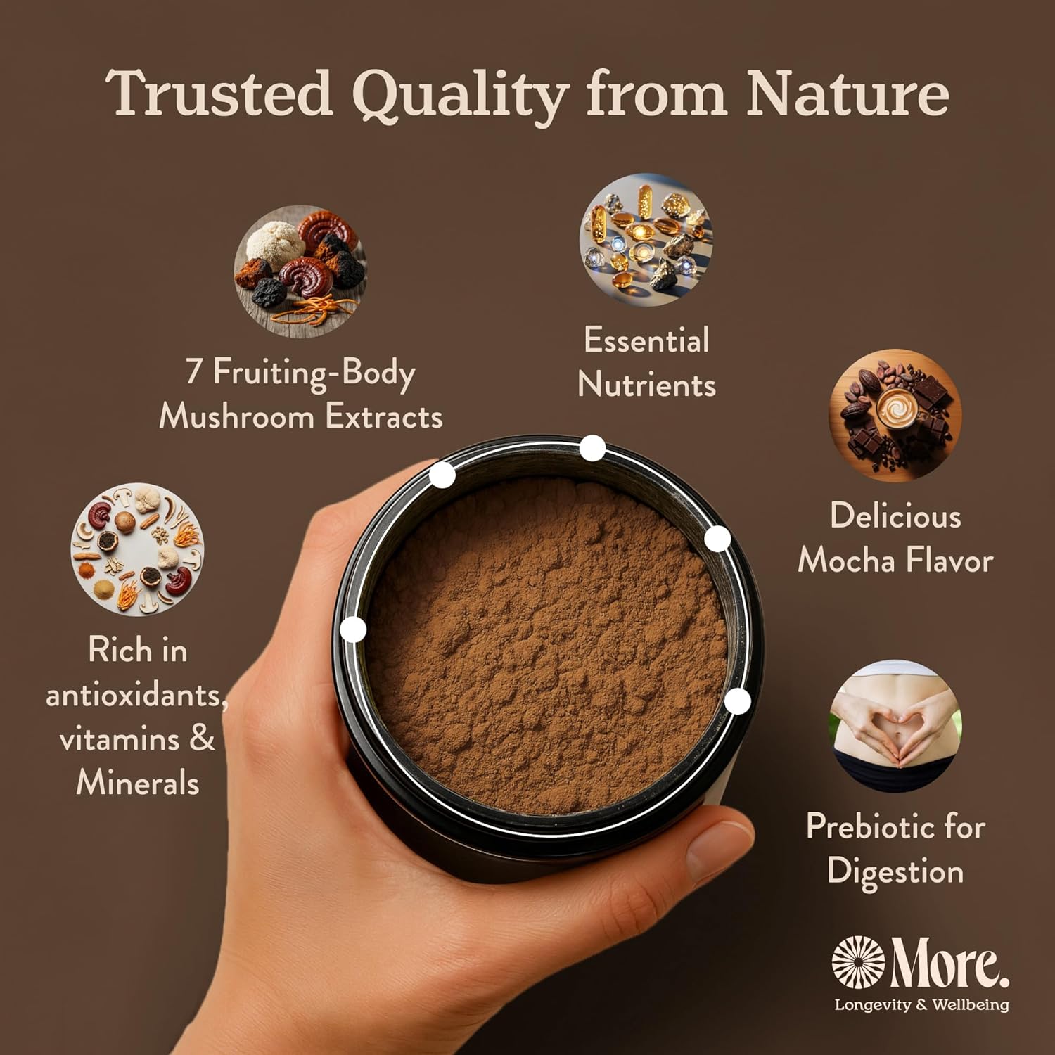 More. Longevity & Wellbeing Mushroom Coffee Superfood – 7 Functional Mushrooms with Lion’s Mane, Reishi, Chaga & Ashwagandha Extract, Instant Coffee Alternative with Prebiotics and Essential Vitamins for Focus & Energy, Mocha