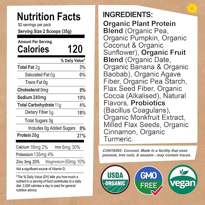 EarthChimp Organic Vegan Protein Powder - with Probiotics - Non GMO, Dairy Free, Non Whey, Plant Based Protein Powder for Women and Men, Gluten Free - 52 Servings 64 Oz (Vanilla) No Scoop