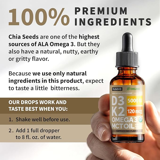 (2 Pack) Organic Vitamin D3 K2 Drops with MCT Oil Omega 3, 5000 IU, Maximum Strength Vitamin D Liquid, No Fillers, Non-GMO Liquid D3 for Faster Absorption, Immune Support (Cappuccino Flavor, 2 Fl Oz)