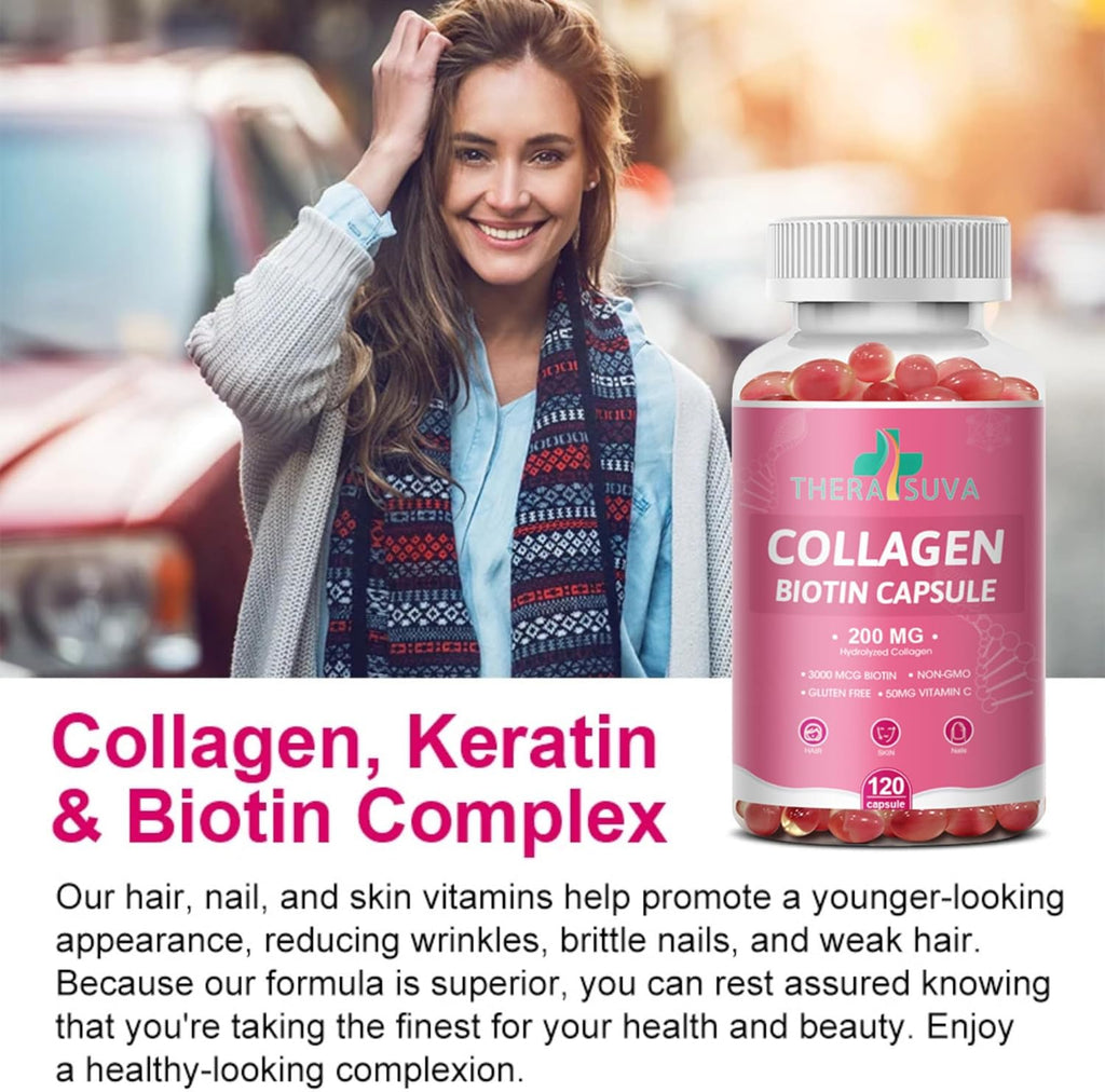 Multi Collagen Complex 200MG + Biotin 3000MCG + Vitamin C 50MG - Promotes Healthy Hair, Beautiful Skin, and Nail Support! 120 Capsules, 60 Day Supply