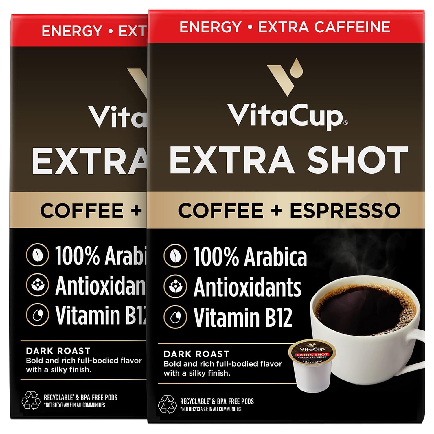 VitaCup Extra Shot Strong Coffee Pods, Bold & Intense Dark Roast w/Espresso Shot, High Caffeine, Vitamin B12, Antioxidants, Recyclable Single Serve Pod Compatible with Keurig K-Cup Brewers, 32ct