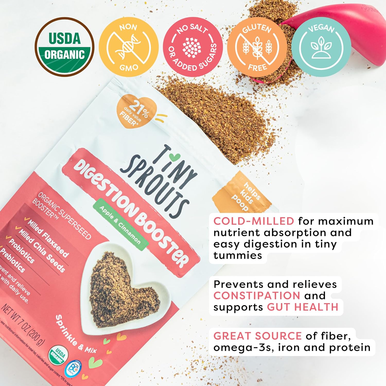 Organic Milled Chia & Flax Seed Digestion Blend with Vitamin D + PROBIOTICS Prebiotic Fiber Superseeds for 6M+ Babies Toddlers & Kids for Digestive Support (Apple & Cinnamon, 7oz x 1 Pack)