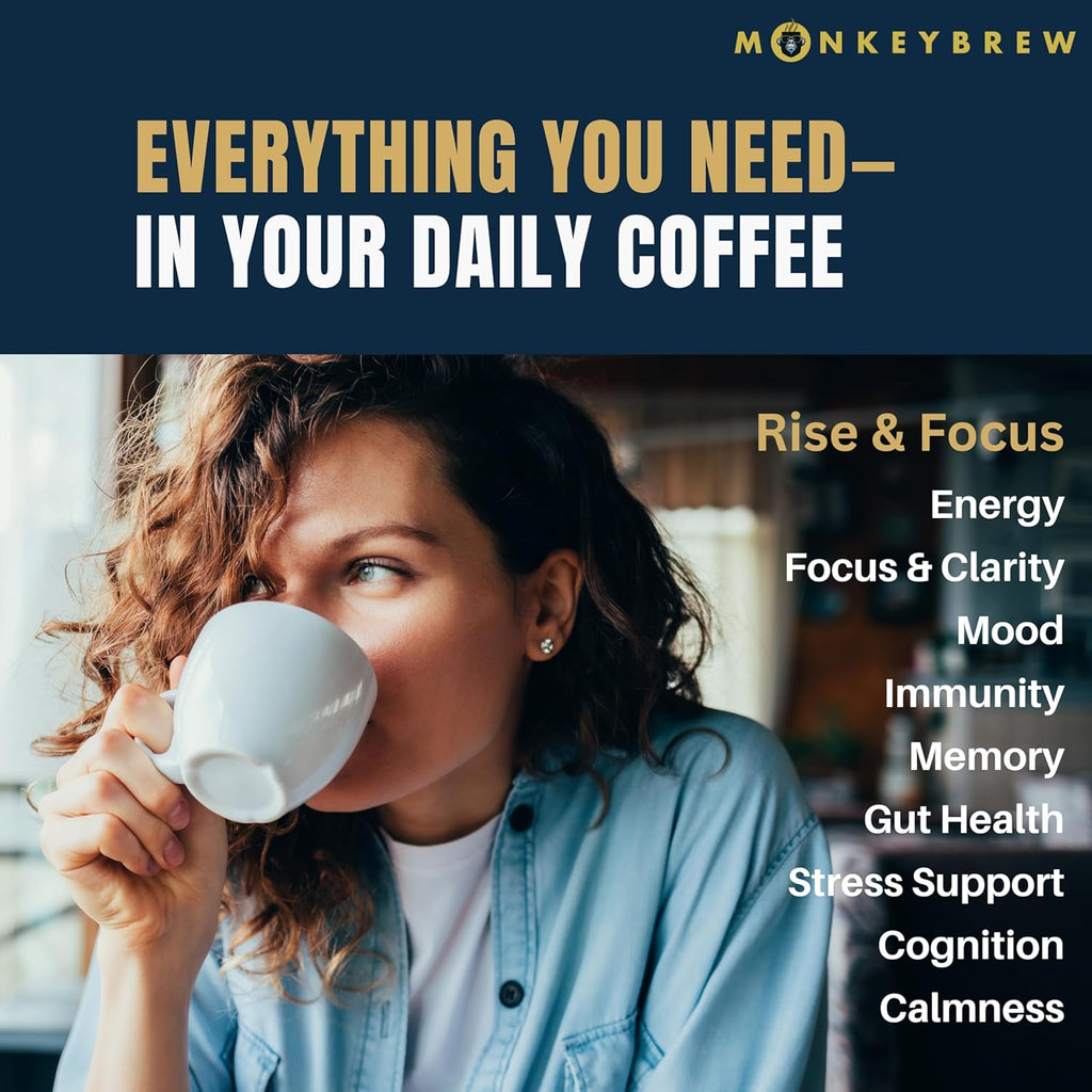 Monkey Brew Rise & Focus USDA Organic Mushroom Coffee | Boosts Focus, Energy, Immunity & Mood | 1,750mg Adaptogens: Lion’s Mane, Turkey Tail, KSM-66 Ashwagandha | Low Caffeine, Fruiting Body