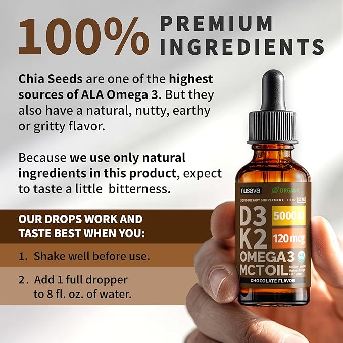 (2 Pack) Organic Vitamin D3 K2 Drops with MCT Oil Omega 3, 5000 IU, Maximum Strength Vitamin D Liquid, No Fillers, Non-GMO Liquid D3 for Faster Absorption and Immune Support (Chocolate, 2 Fl Oz)