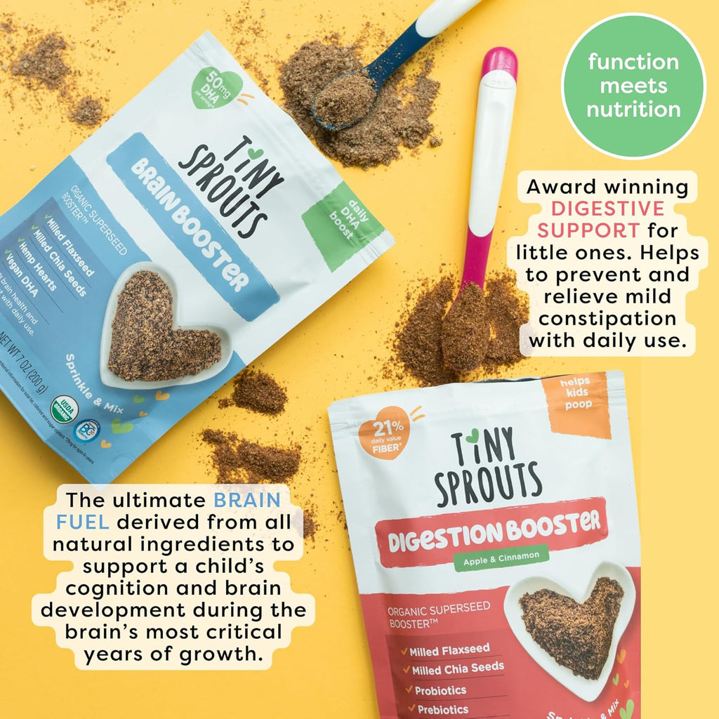 Organic Digestion Booster (Apple & Cinnamon) & Brain Booster - Milled Chia Seed, Milled Flaxseed and Hemp Hearts with Vitamin D, DHA, Probiotics for 6M+ Babies Toddlers & Kids (7oz x 2 Pack)