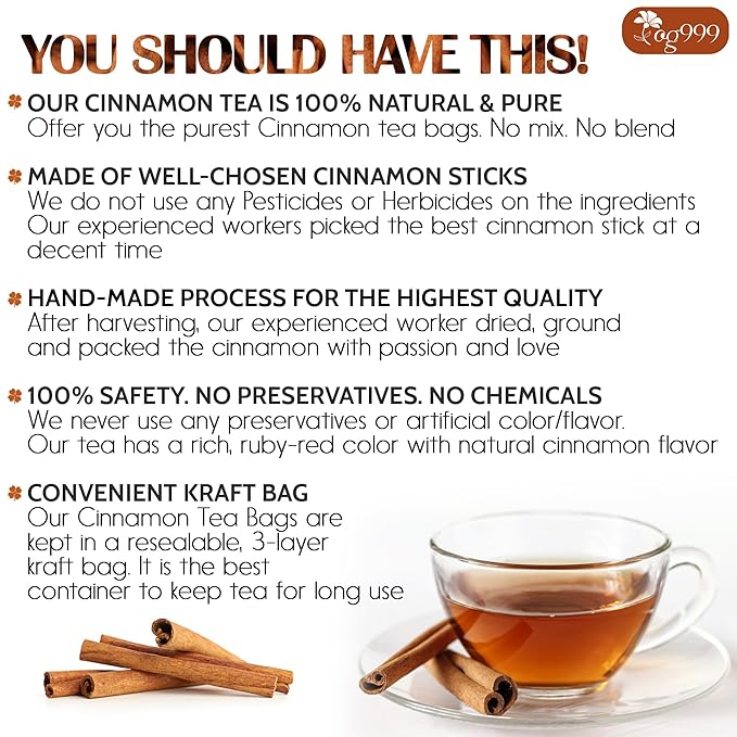 TOG999, Premium 40 Tea Bags - Special Cinnamon Tea, 100% Natural & Pure, Herbal Tea. Cinnamon Stick Herbal Spice