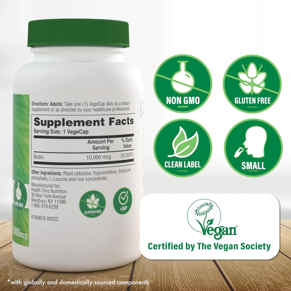 Health Thru Nutrition Biotin 10,000mcg Vegan 100 Capsules | Vitamin B7 | Hair, Skin, Nail Support & Keratin Production | Non-GMO, Soy-Free, Gluten-Free, Hypoallergenic