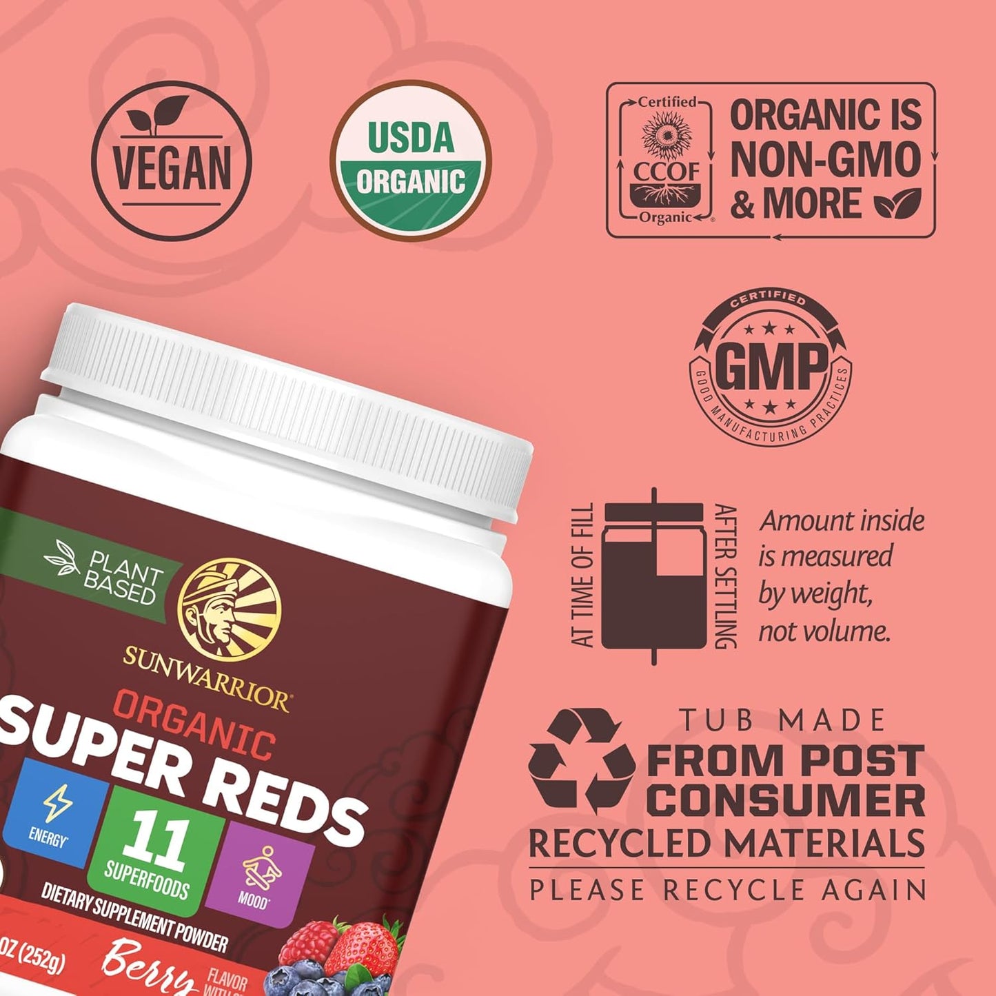 Organic Super Reds Powder 11 Superfoods with Beet Root, Berries, Reishi & Cordyceps – Natural Energy, Circulation & Immune Support – USDA Organic Vegan Non-GMO, Gluten-Free Superfood Drink 28 Servings