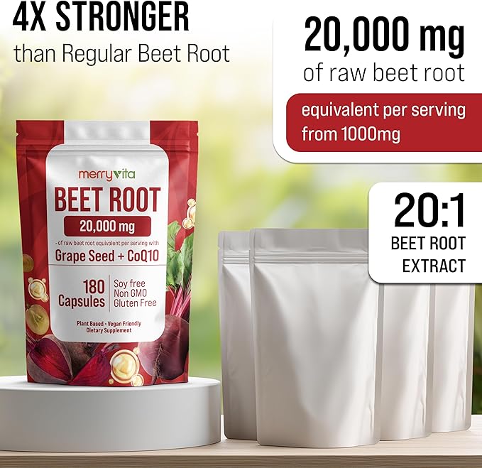 Beet Root Capsules with Grape Seed & CoQ10 - Blood Pressure Support Supplement - Nitric Oxide Booster - Super Beets Supplement for Heart, Energy, Circulation - 180 Vegan Capsules, Non GMO