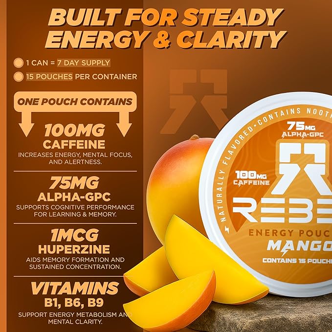 Nootropic Energy Caffeine Pouches (Mango) • 100mg Caffeine • Alpha GPC • Huperzine A & Essential Vitamins • Sugar-Free • Coconut Fiber Technology • 15 Pouches Per Can (Pack of 4)