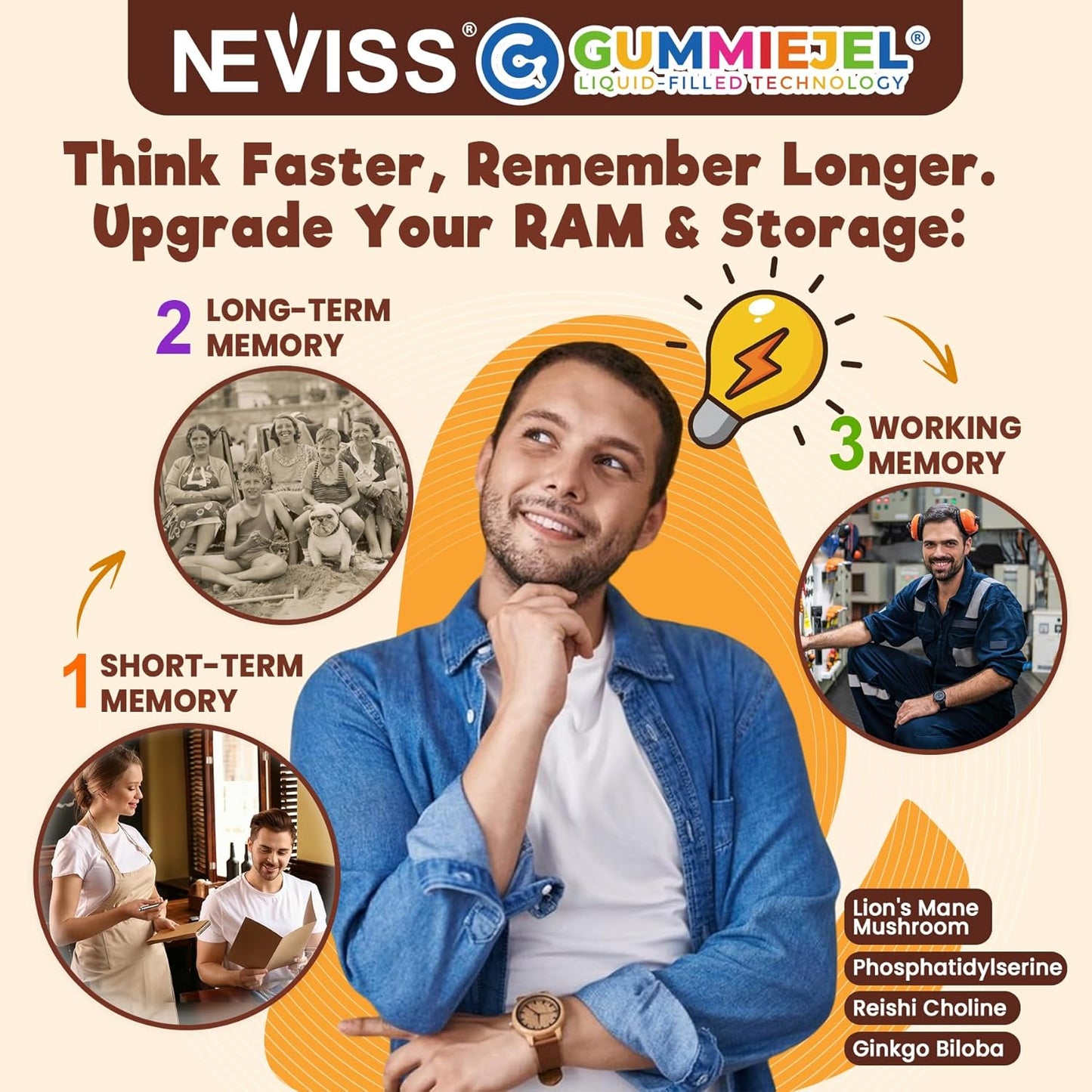 Neviss Kids 10+ Brain Filled Gummies w/Lion's Mane, Focus Memory & Energy 7-in-1 Mushroom Gummy for Teens & Adults, L-Tyrosine, Choline, PS, B12 B6, Beetroot for Students, Gamer, Worker, Sugar Free