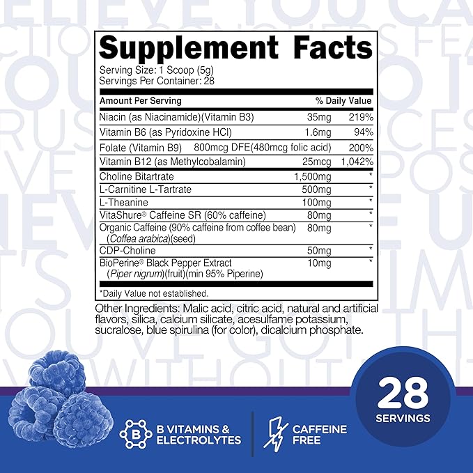 TransformHQ Energy & Focus Powder (Blue Raspberry) - Boost Shot Clean Energy Drink Mix - Sugar Free - Non-GMO, Gluten-Free - 28 Servings