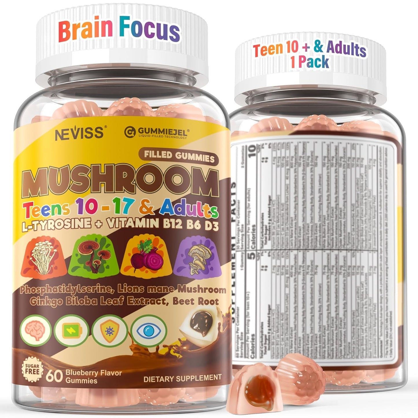 Neviss Kids 10+ Brain Filled Gummies w/Lion's Mane, Focus Memory & Energy 7-in-1 Mushroom Gummy for Teens & Adults, L-Tyrosine, Choline, PS, B12 B6, Beetroot for Students, Gamer, Worker, Sugar Free