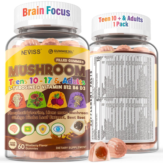 Neviss Kids 10+ Brain Filled Gummies w/Lion's Mane, Focus Memory & Energy 7-in-1 Mushroom Gummy for Teens & Adults, L-Tyrosine, Choline, PS, B12 B6, Beetroot for Students, Gamer, Worker, Sugar Free