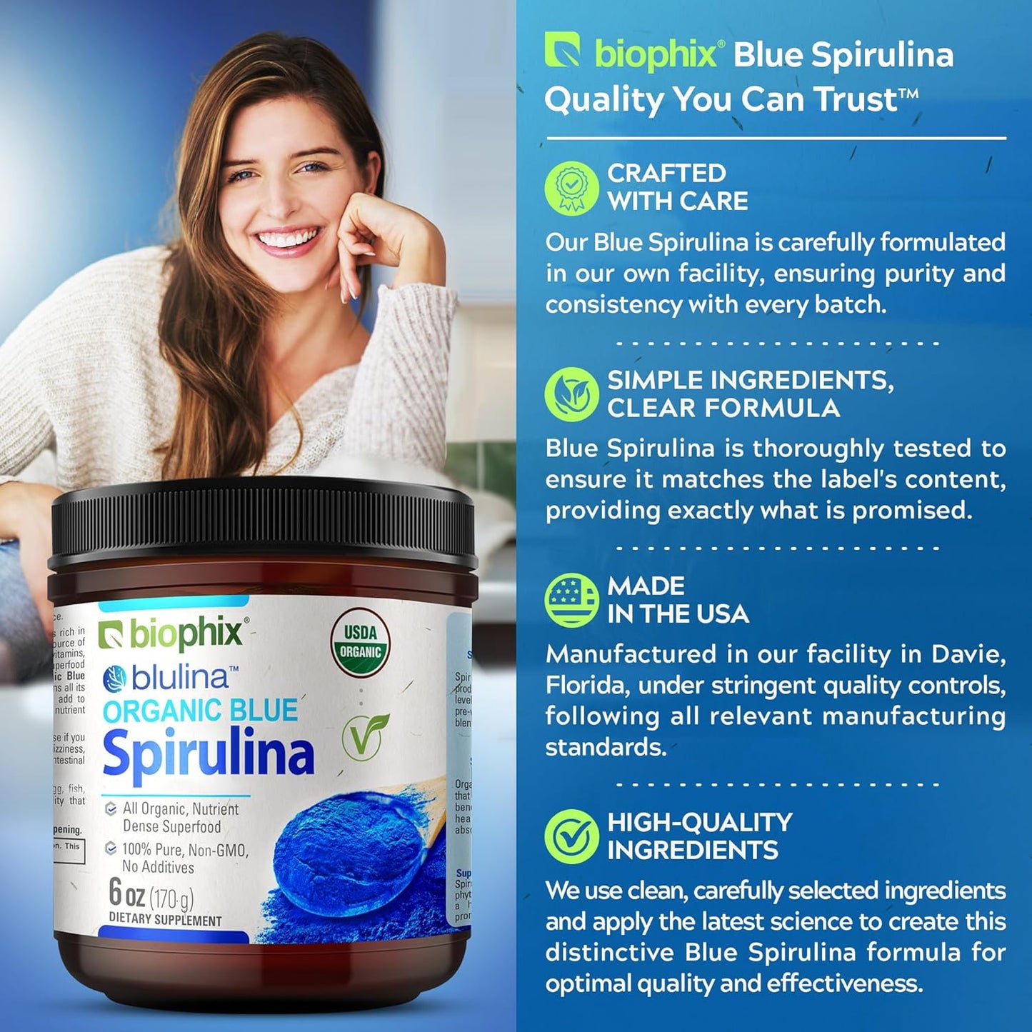 biophix Blue Spirulina Powder Organic Blulina 6 oz - Algae Organic Spirulina Powder 170 Servings - Superfood Supplement - Natural Blue Pigment - Espirulina en Polvo Organica Pura Azul