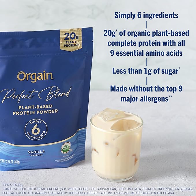 Orgain Organic Vegan Perfect Blend Protein Powder, 20g Clean Plant Protein, 6 Ingredients, <1g Sugar, Gluten Free, Non-GMO; No Artificial Flavors, Stevia Extract, Dairy or Soy Ingredients- Vanilla