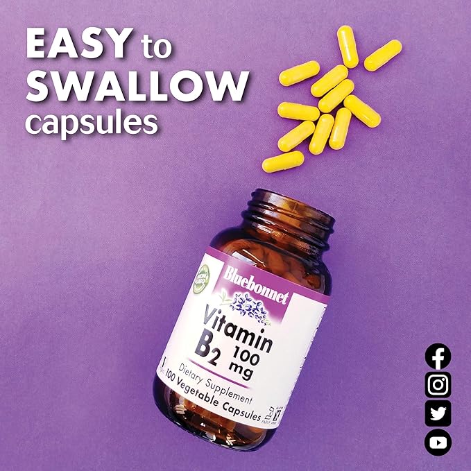 Bluebonnet Nutrition Vitamin B2 100 mg, For Cardiovascular and Nervous System Health, Soy-Free, Gluten-Free, Kosher Certified, Dairy-Free, Vegan, Non-GMO, 100 Vegetable Capsules, 100 Servings