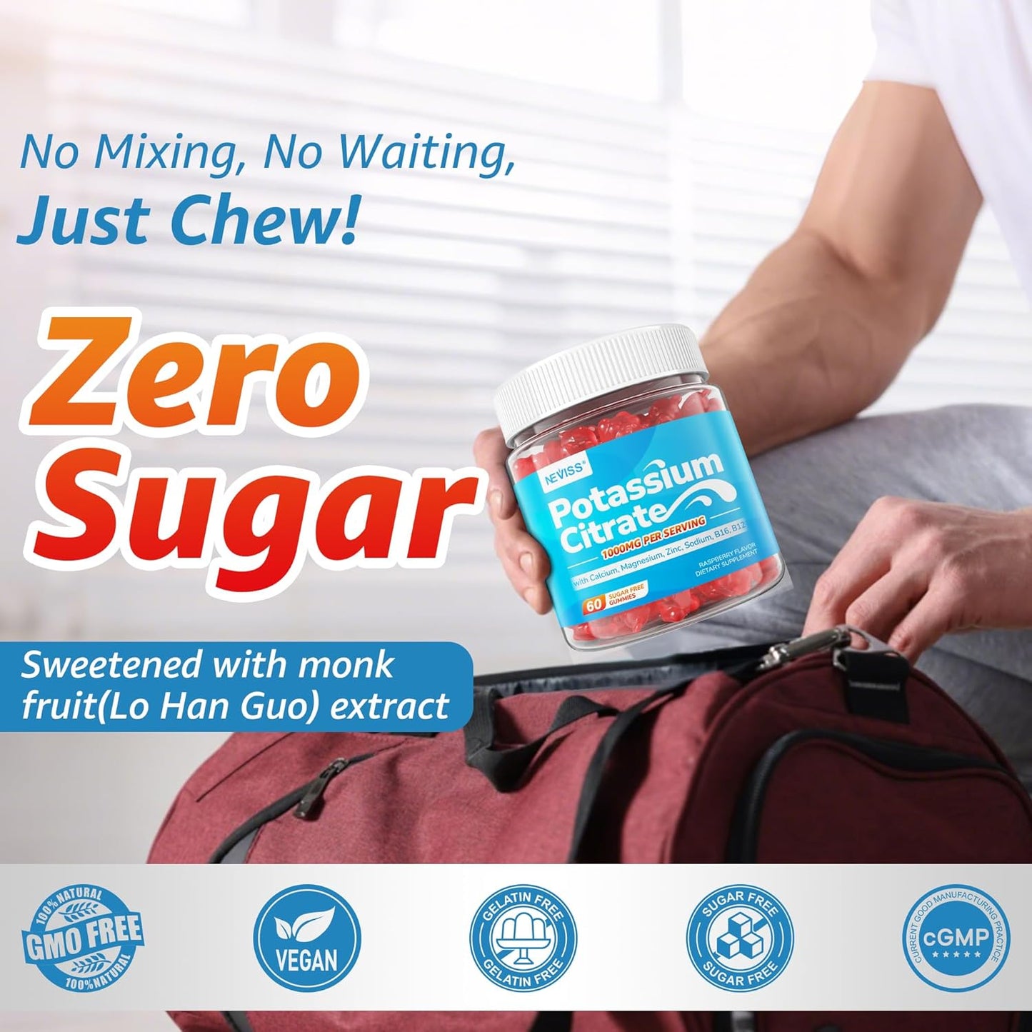 Potassium Citrate 1000mg Gummies, Potassium Magnesium Supplement + Calcium, Zinc, Sodium, Vitamin B6, B12, Support Leg Cramps, Electrolyte Balance, Body Performance, Energy Boost, Sugar Free, 60 Cts