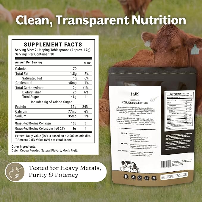 MK Supplements Collagen & Colostrum – Grass-Fed Collagen Peptides & Colostrum Powder for Hair, Nail, Skin, Bone & Joint Health, Chocolate Flavor + Monk Fruit