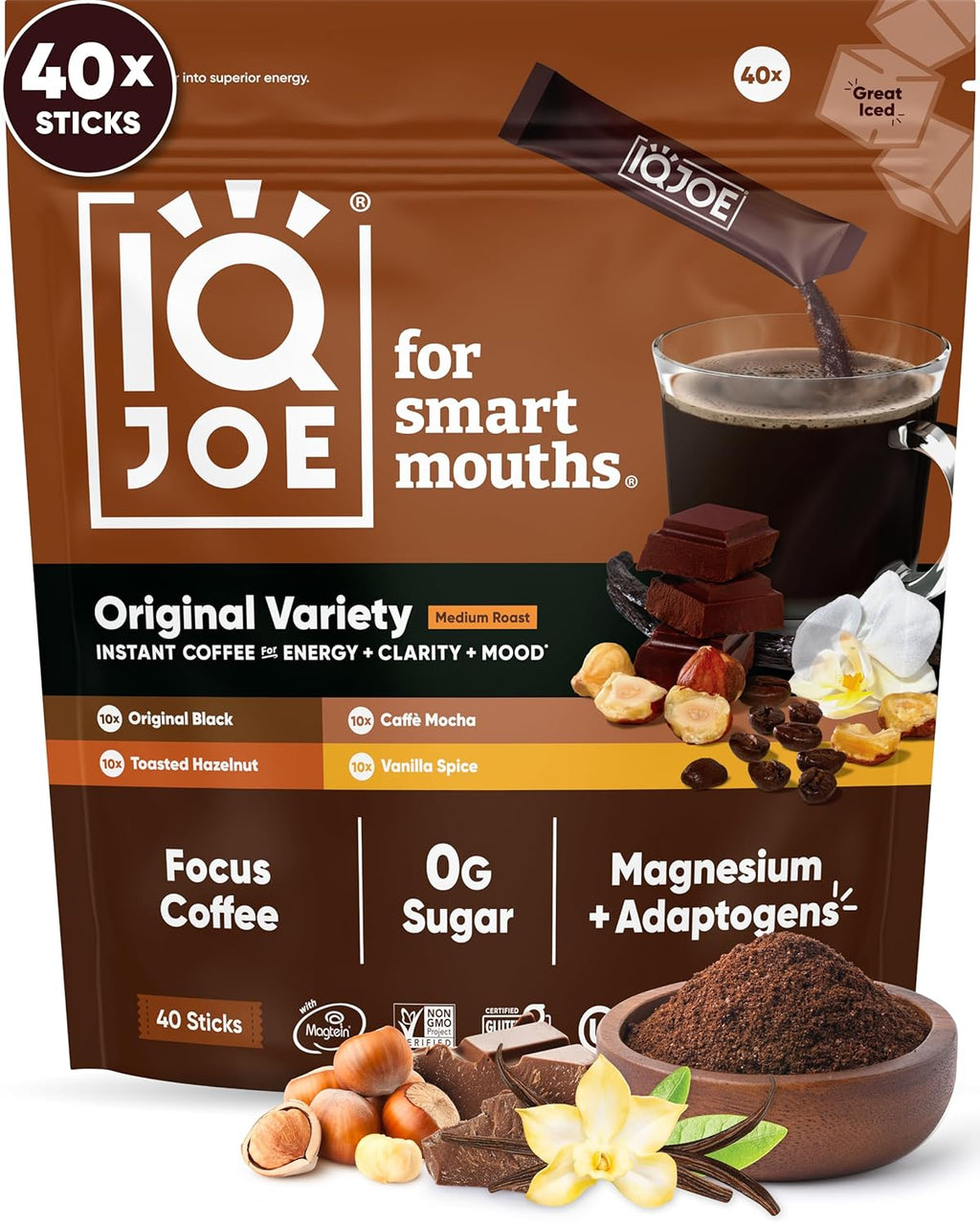 IQJOE Mushroom Coffee Packets (40 Servings) Lion’s Mane, Magtein Magnesium, Antioxidants, Adaptogens - Variety Pack - Instant Coffee for Focus, Clarity, Mood, Energy Boost - Sugar Free, Keto, Vegan