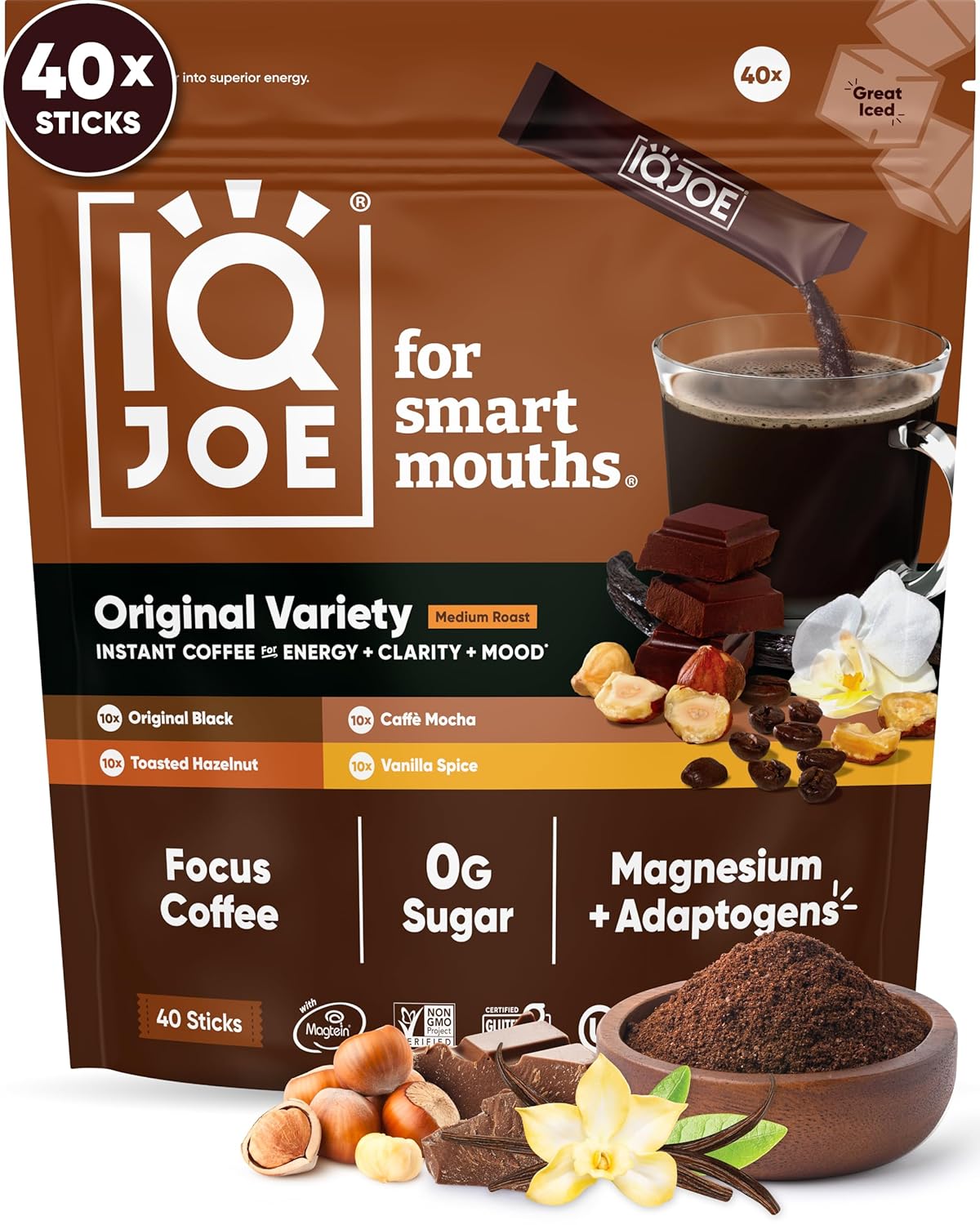 IQJOE Mushroom Coffee Packets (40 Servings) Lion’s Mane, Magtein Magnesium, Antioxidants, Adaptogens - Variety Pack - Instant Coffee for Focus, Clarity, Mood, Energy Boost - Sugar Free, Keto, Vegan