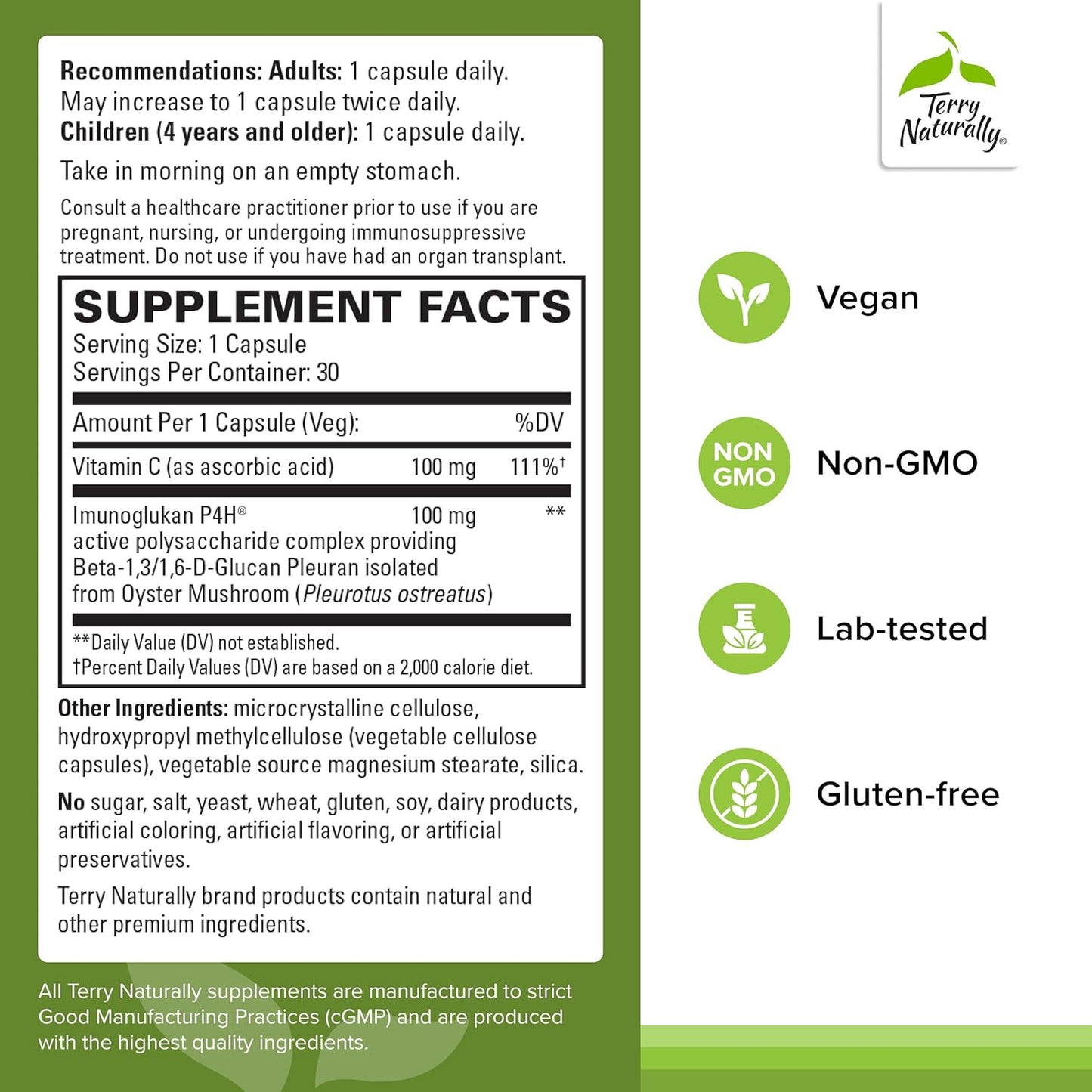 Terry Naturally PleuraMax - Upper Respiratory Health Supplement - Sourced from Oyster Mushrooms - Includes Vitamin C for Immune Support - Vegan & Non-GMO - 30 Capsules (30 Servings)