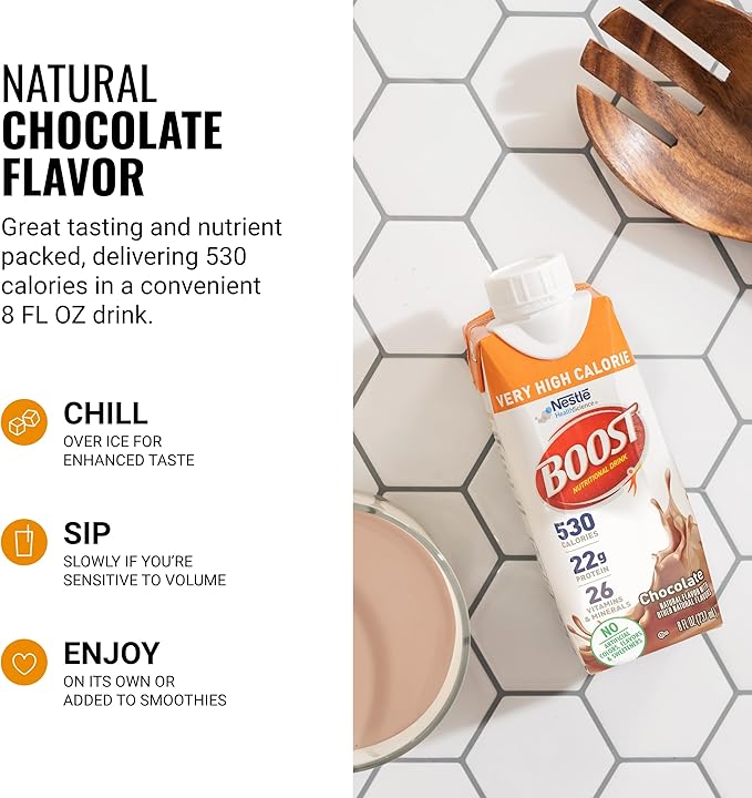 BOOST Very High Calorie Nutritional Drink – Helps Weight Gain & Maintenance - 530 Calories - 26 Vitamins & Minerals - 22 g Protein - Calorie-Dense Nutritional Drink - Chocolate - 8 fl oz (Pack of 24)