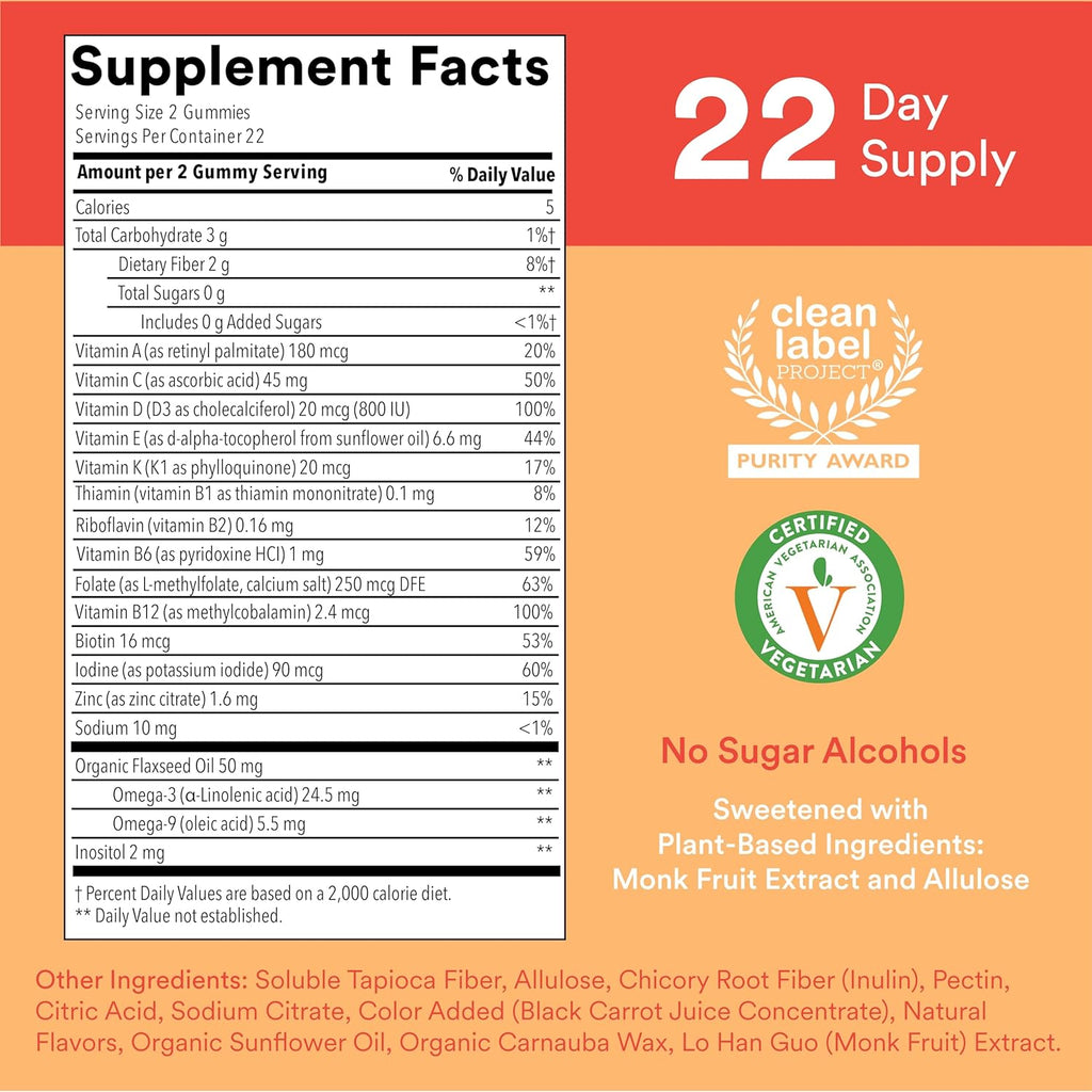 SmartyPants Kids Multivitamin Gummies, Sugar Free: Omega 3 (ALA), Vitamin D3, C, Vitamin B12, B6, A, K & Zinc for Immune Support, Biotin, Erythritol Free, Strawberry Banana, 44 Count (22 Day Supply)