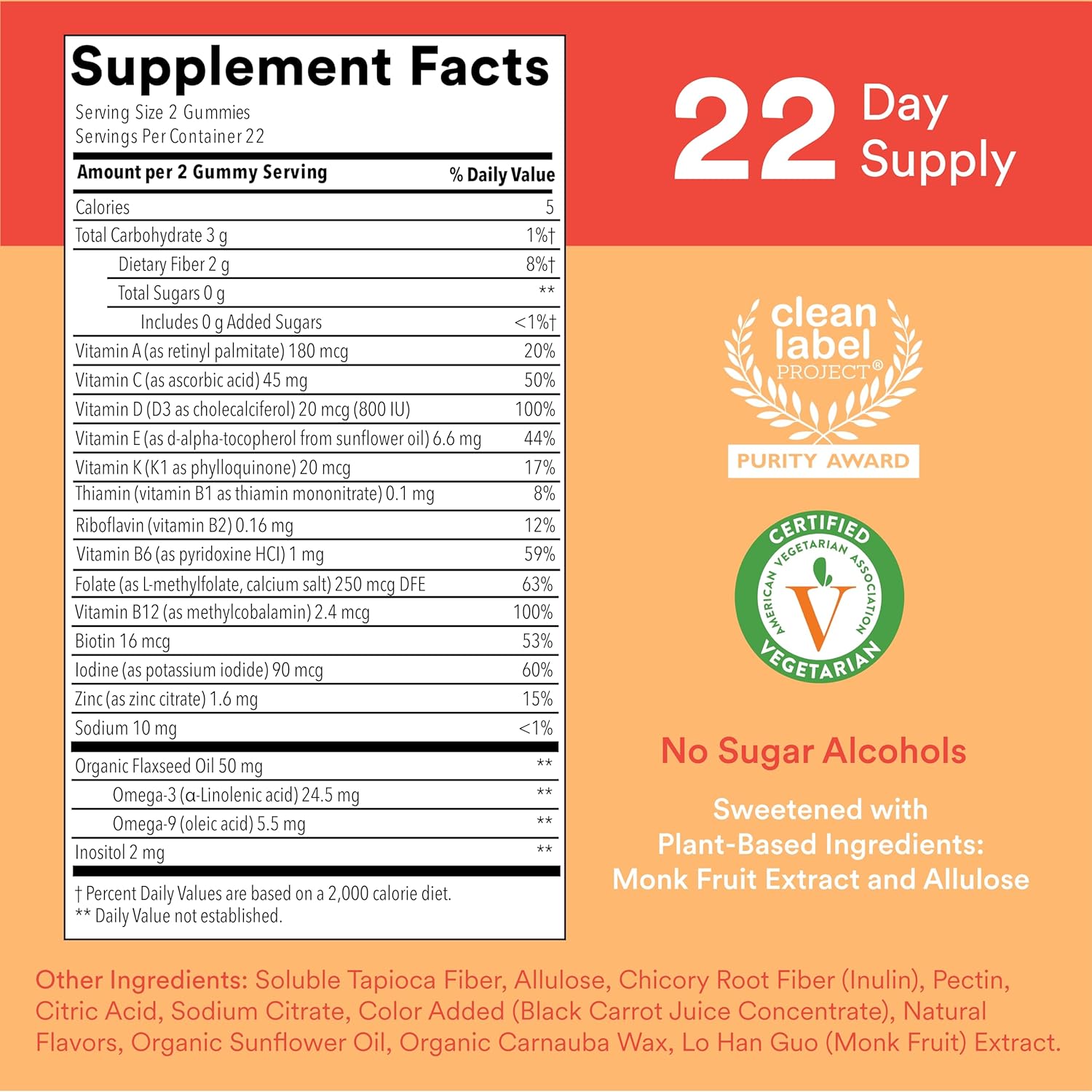 SmartyPants Kids Multivitamin Gummies, Sugar Free: Omega 3 (ALA), Vitamin D3, C, Vitamin B12, B6, A, K & Zinc for Immune Support, Biotin, Erythritol Free, Strawberry Banana, 44 Count (22 Day Supply)