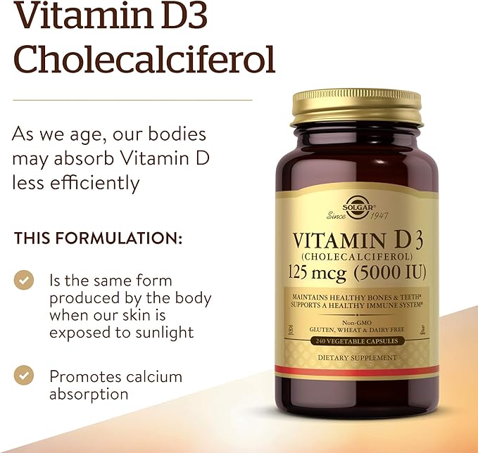 Solgar Vitamin D3 (Cholecalciferol) 125 mcg (5000 IU), 240 Vegetable Capsules - Helps Maintain Healthy Bones & Teeth - Immune System Support - Non-GMO, Gluten Free - 240 Total Servings