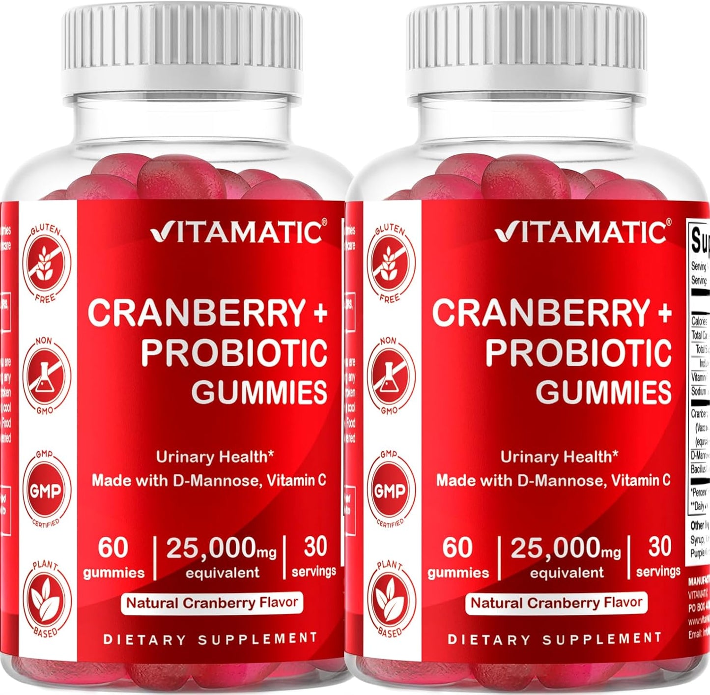 Vitamatic 2 Pack Vegan Cranberry Gummies with D-Mannose, Probiotic & Vitamin C for Women Urinary Tract Health - 25000mg Equivalent Per Serving (from 50:1 Extract 500 mg) - 60 Count