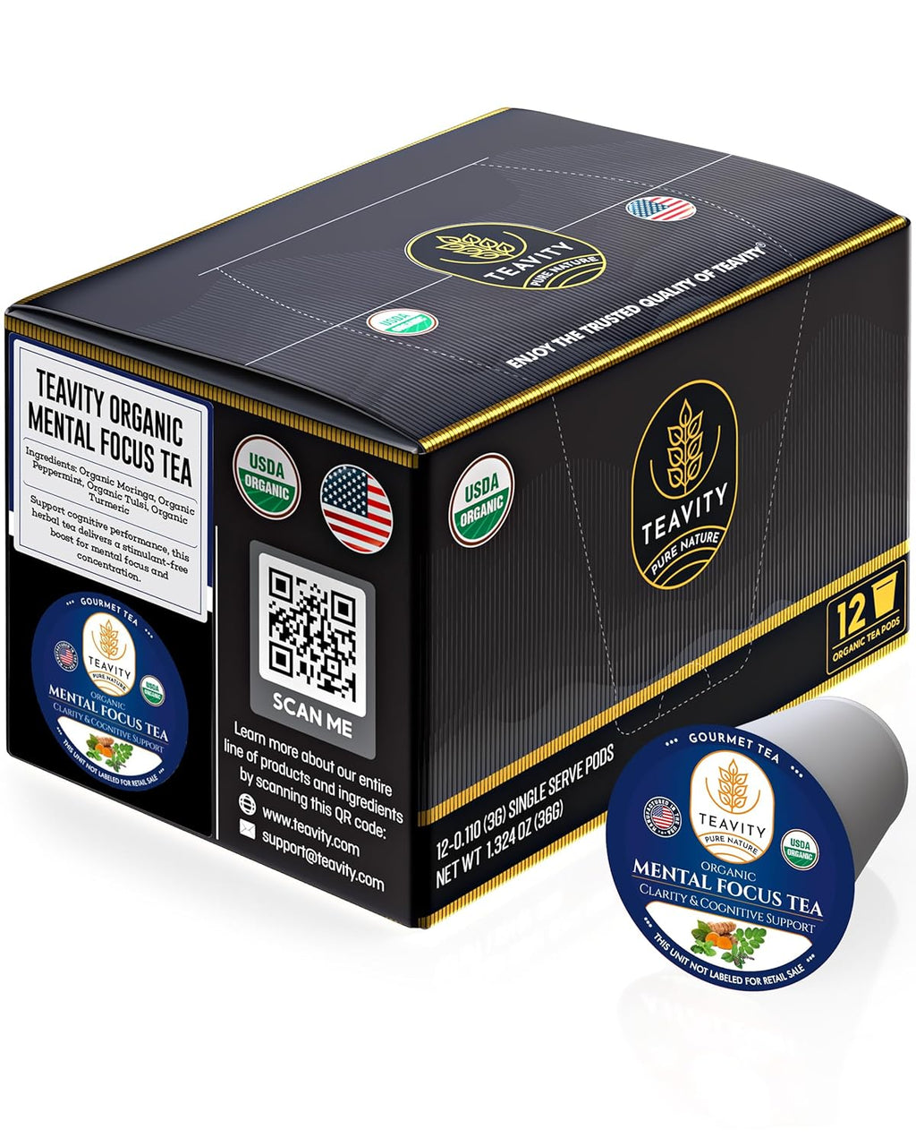 Organic Tea Pods with Moringa, Pepeppermint, Holy Basil & Turmeric - Naturally Decaf Tea - Mental Focus by Teavity (12 Tea Pods)