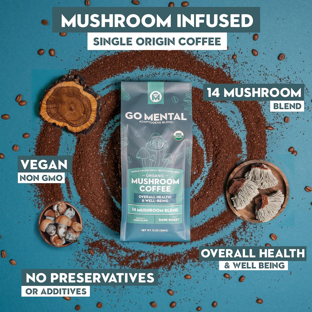 Organic 14 Mushroom Coffee Blend Dark Roast, Organic Lion's Mane, Chaga, Red Reishi and more, Chocolate Notes, Enhances Overall Health, Immune Support And Wellbeing, Ground 12 oz Bag (2 Pack)