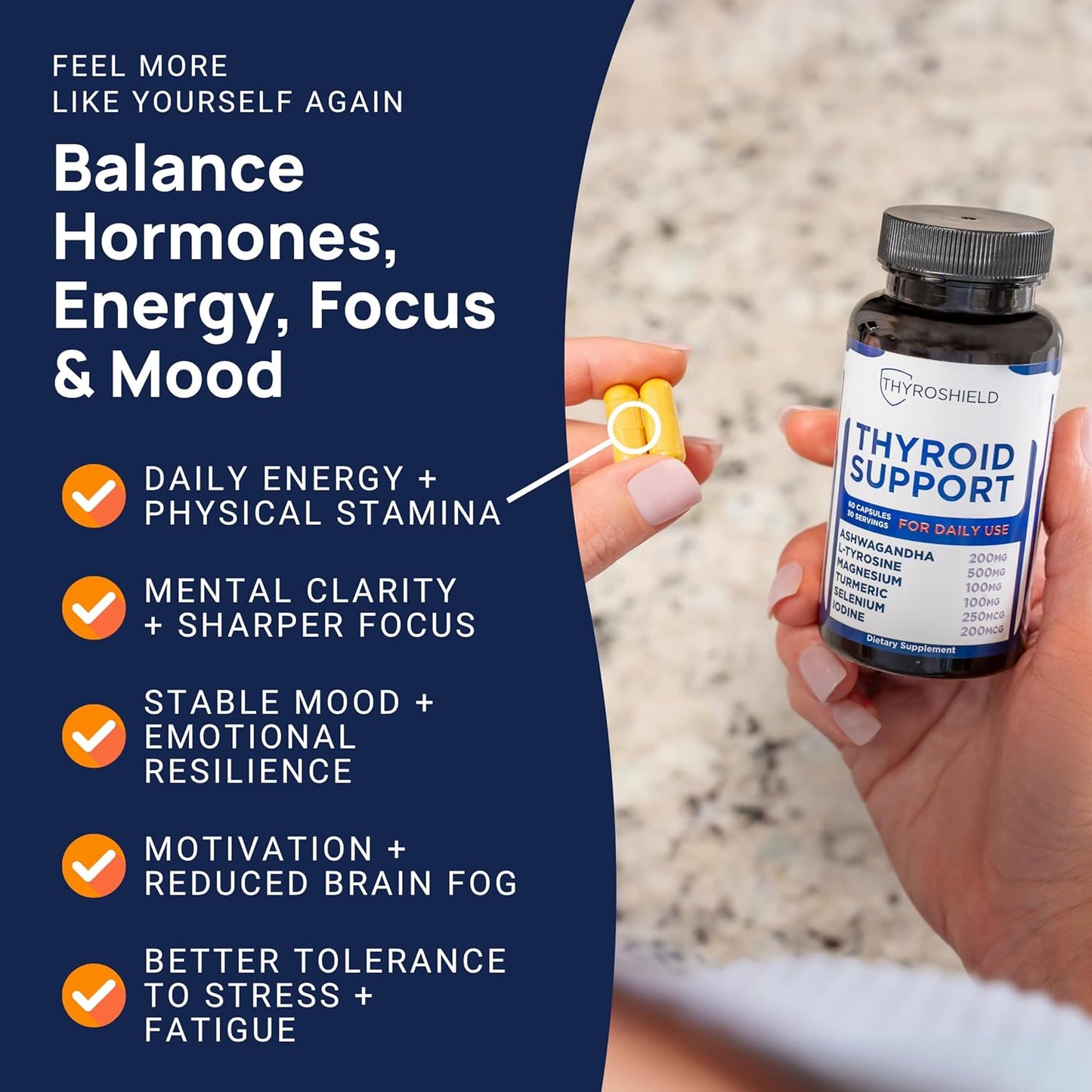 Thyroid Support, Pure Complex with Iodine, Ashwagandha, L-Tyrosine, Selenium, Thyroid Supplement for Women & Men, Energy, Hormone & Metabolism Support, cGMP, CoA Verified - 60 Capsules