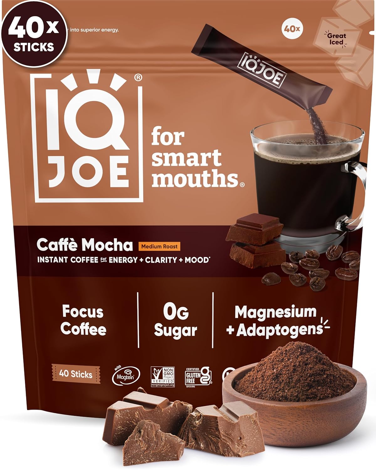 IQJOE Mushroom Coffee Packets (40 Servings) Lion’s Mane, Magtein Magnesium, Antioxidants, Adaptogens - Caffe Mocha - Instant Coffee for Focus, Clarity, Mood, Energy Boost - Sugar Free, Keto, Vegan