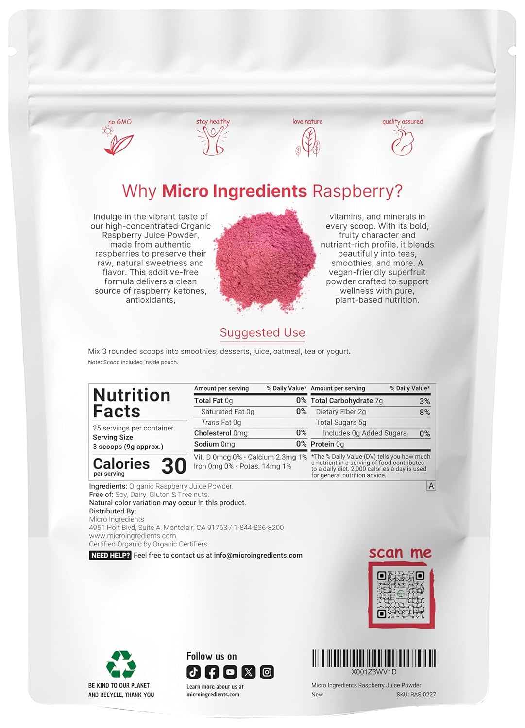 Organic Raspberry Juice powder, 8oz | 100% Natural Fruit Powder | Freeze-Dried Raspberries Source | No Sugar & Additives | Great Flavor for Drinks, Smoothie, & Beverages | Non-GMO & Vegan Friendly