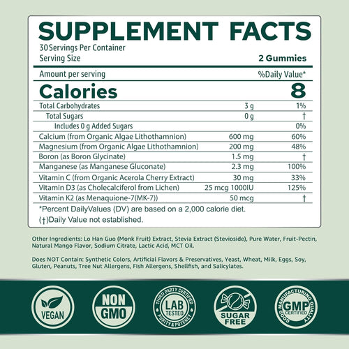 (2 Pack) Calcium Gummies for Women, Sugar Free Calcium Supplement from Sustainable Algae (3rd Party Tested) with Vitamin D3 K2, C, Zinc, Boron, Manganese for Bone Strength, Calcium Absoption, Vegan
