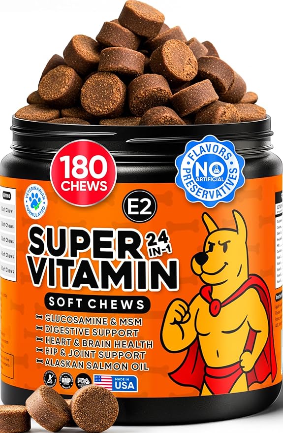 24-in-1 Dog Multivitamin with Glucosamine - Chewable Dog Vitamins and Supplements for Hip & Joints - Ideal for Immune Support and Digestive Health - Best for Senior Dogs and Puppies’ Skin & Heart