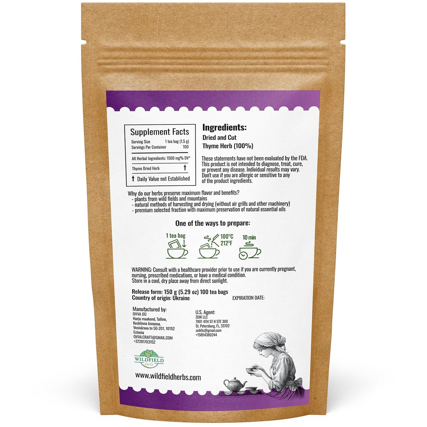 100 Bags Thyme Tea Thyme Leaves Tyme Herb Tea (Thymi Serpiylli Herba) - 100 Count 1.5 g Bags Thymus Serpyllum Herb Tomillo En Hierba