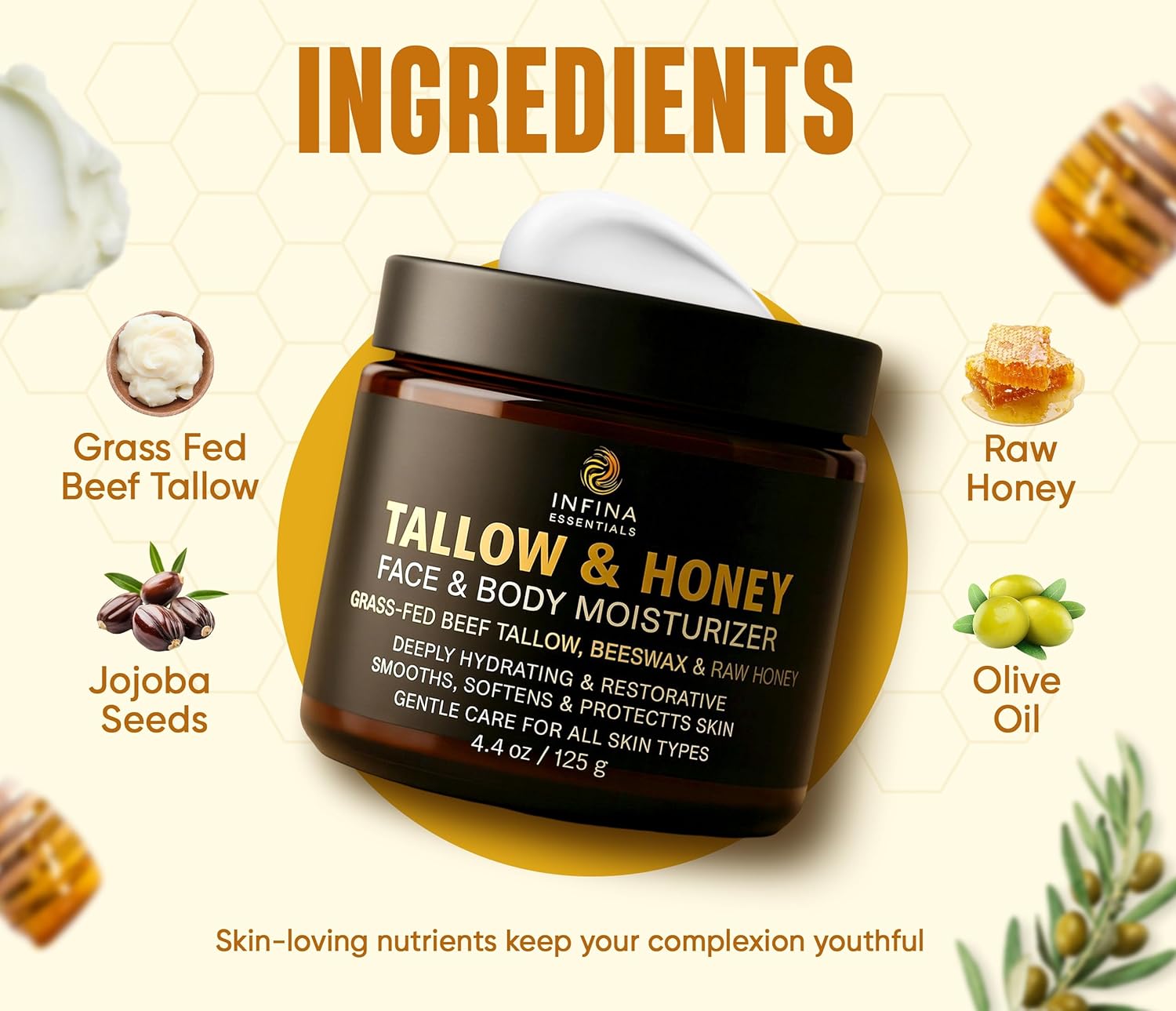 Beef Tallow for Skin with Honey - Grass Fed Beef Tallow for Face Wrinkles - Hydrating Cream Face and Body Moisturizer with Raw Honey and Olive Oil for Dry Skin, Hands, Feet - 4.4 oz