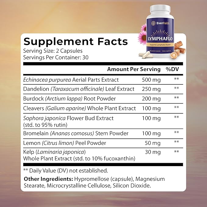 EVERFAITH LymphaFlo - Lymphatic Drainage Supplement - Lymph System Support - with Bromelain, Echinacea, Dandelion, Burdock Root, Lemon Powder & More - Vegetarian, Gluten Free, Non-GMO - 60 Capsules
