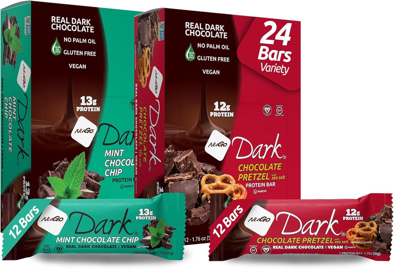NuGo Dark Variety - Chocolate Pretzel 12 Bars & Mint Chocolate Chip 12 Bars, 12-13g Protein, Vegan, Gluten Free, Non-GMO, Kosher Pareve, 24 Count