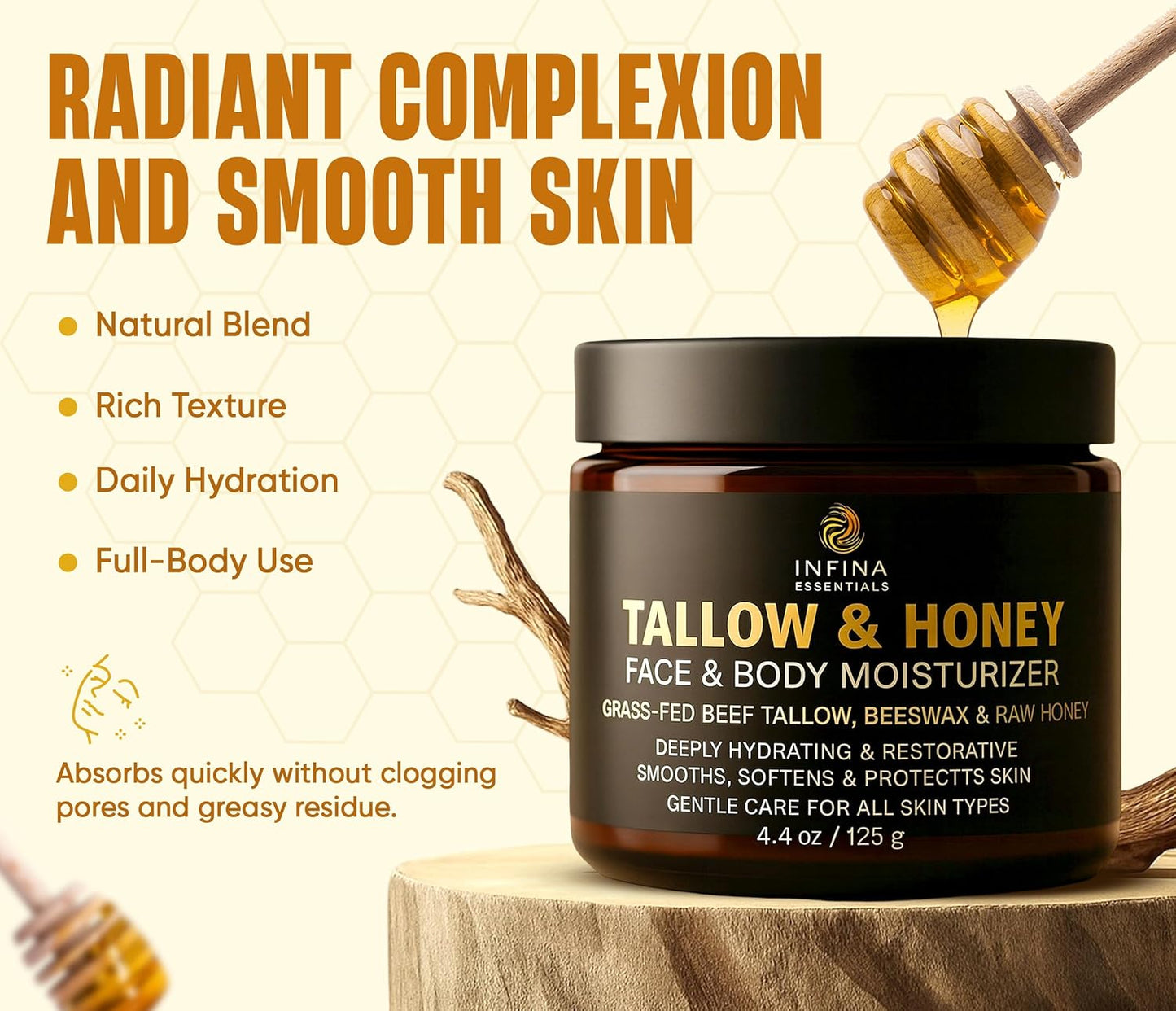 Beef Tallow for Skin with Honey - Grass Fed Beef Tallow for Face Wrinkles - Hydrating Cream Face and Body Moisturizer with Raw Honey and Olive Oil for Dry Skin, Hands, Feet - 4.4 oz