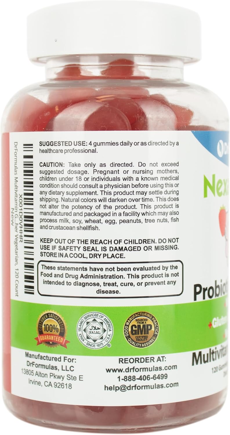 DrFormulas Multivitamin Gummies with Omega 3 and Probiotics for Kids and Adults with Vitamin C | Nexabiotic with Vitamin A, C, D3, E, B6, B12, and Zinc, Biotin, Folate | Halal Vegetarian, 120 Count