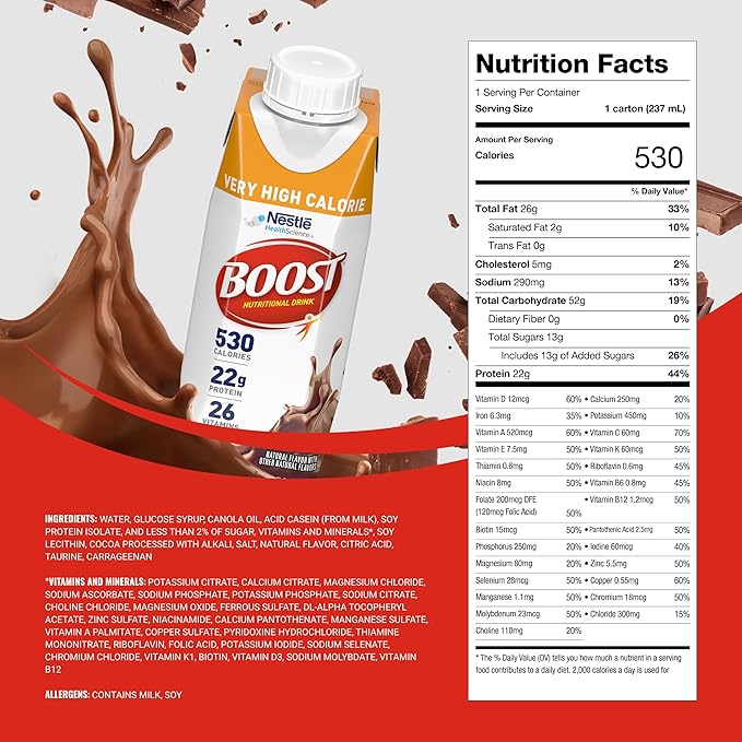 BOOST Very High Calorie Nutritional Drink – Helps Weight Gain & Maintenance - 530 Calories - 26 Vitamins & Minerals - 22 g Protein - Calorie-Dense Nutritional Drink - Chocolate - 8 fl oz (Pack of 24)