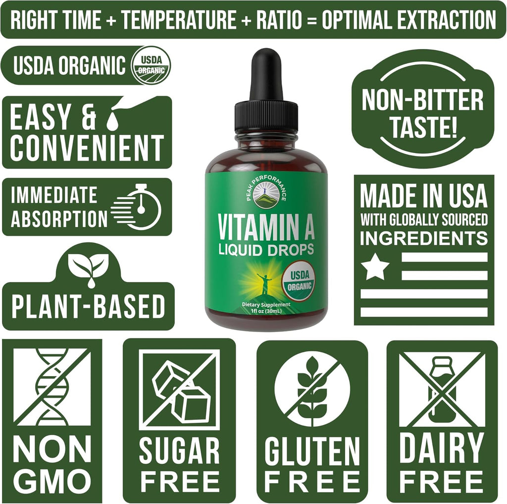 USDA Organic Vitamin A Liquid Drops Supplement. Vegan High Bioavailability for Eye, Skin, and Bone Health. for Adults, Men, Women, Kids. Organic VIT A Oil Retinyl Palmitate. Gluten Free, Zero Sugar