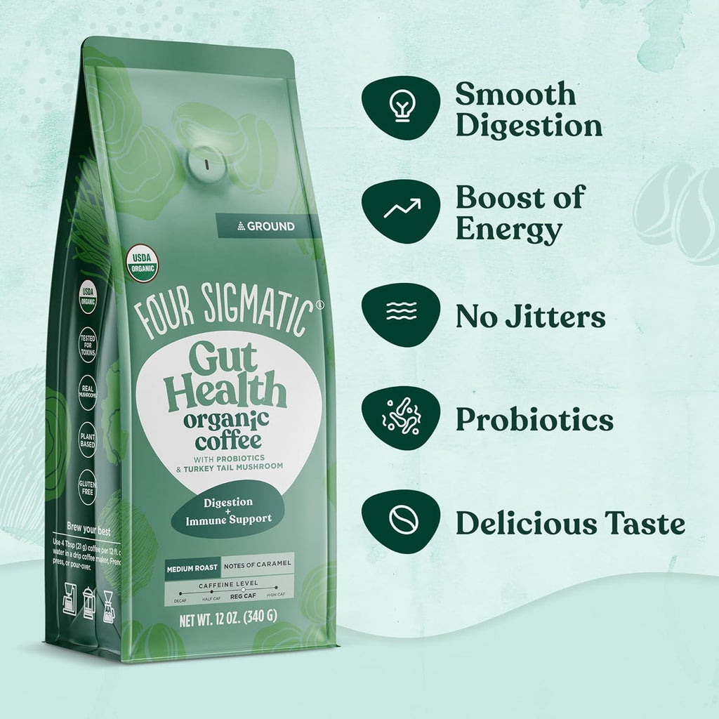 Four Sigmatic Gut Health Organic Ground Coffee | Medium Roast, Immune Boosting Probiotic Mushroom Coffee with Chaga & Turkey Tail for Gut Health & Immune Support | 12oz Bag