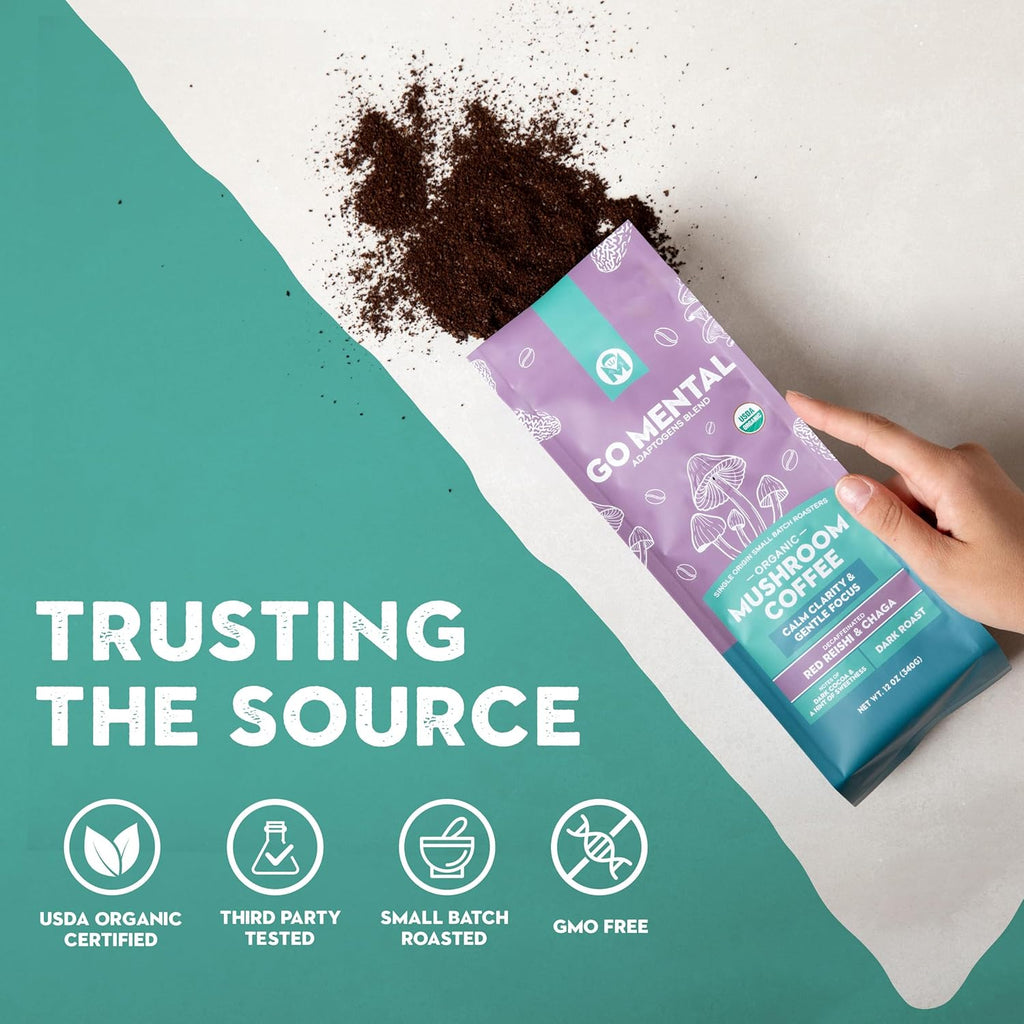 Organic Mushroom Decaffeinated Coffee Dark Roast, Red Reishi & Chaga, Swiss Water Process, Full Fruiting Bodies, Decaf for Calm and Relaxed Focus Grade 1 Single Origin Peruvian, 12oz - Ground